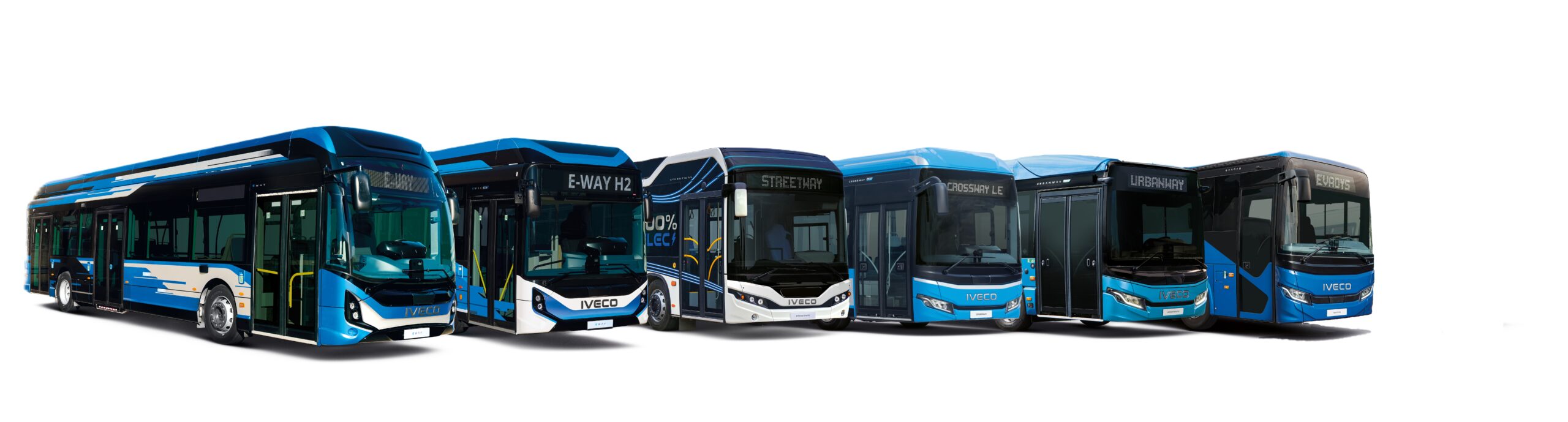 Různé modely autobusů značky IVECO v řadě